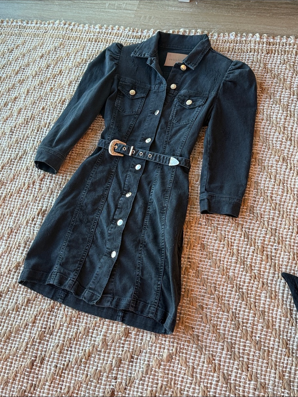 Retrofete Black Denim Button-Front Mini Dress